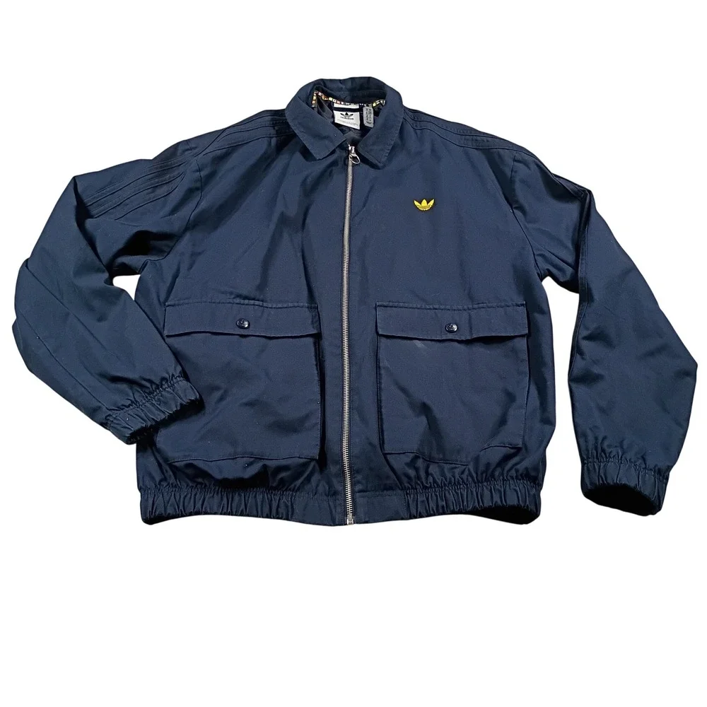 Adidas Jacket Mens Medium Navy Blue Excellent Harrington Trefoil 3-Stripe Zip